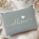 Bridesmaid Modern Script Sage Green Heart Accessory Pouch<br><div class="desc">This elegant accessory pouch features a stylish sage green background adorned with a modern script font displaying a personalised name and a charming heart design. The soft, feminine colour and sophisticated typography make it a perfect accessory for bridesmaids or anyone who appreciates chic and trendy designs. Its versatile use and...</div>