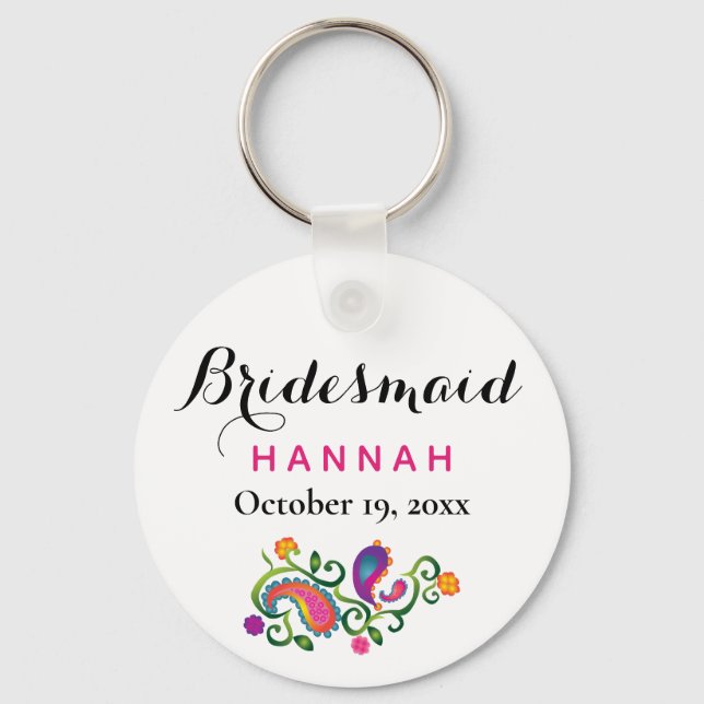 Bridesmaid Modern Typography Script Wedding Key Ring (Front)