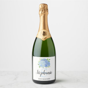 Bridesmaid Monogram Blue Hydrangea Sparkling Wine Label