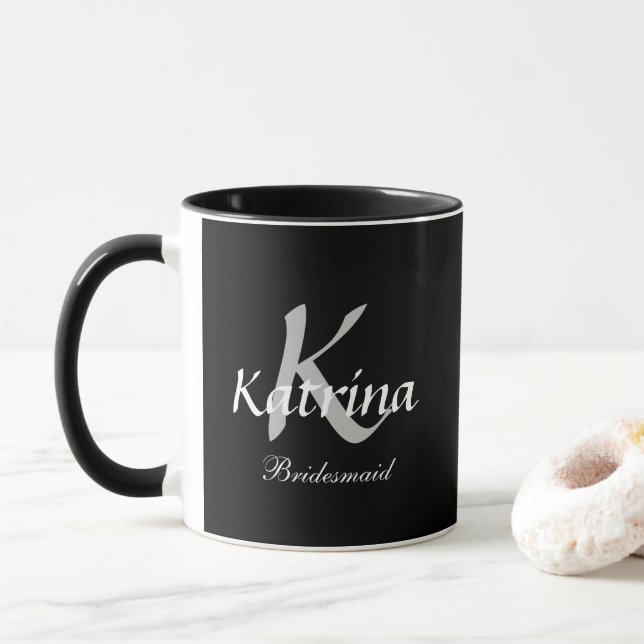 Bridesmaid Monogram Initial Black Custom Name Cute Mug (With Donut)