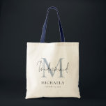 Bridesmaid Monogram Initial Name Script Dusty Blue Tote Bag<br><div class="desc">Bridesmaid Monogram Initial Name Script Dusty Blue. Modern set script typography for Bridesmaid and you can easily personalise her initial,  name and your wedding date to make it extra special.</div>