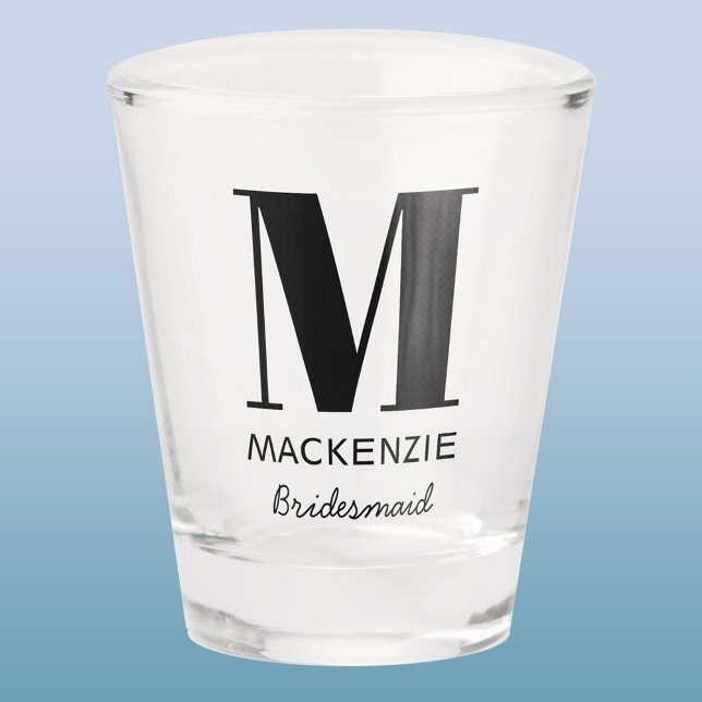 Bridesmaid Monogram Name Shot Glass (Modern monogram name bridesmaid shot glass with custom text. Great for a bachelorette or hen party.)