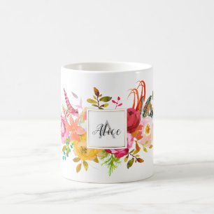 Bridesmaid Monogram Watercolor Boho Pink Flowers Coffee Mug