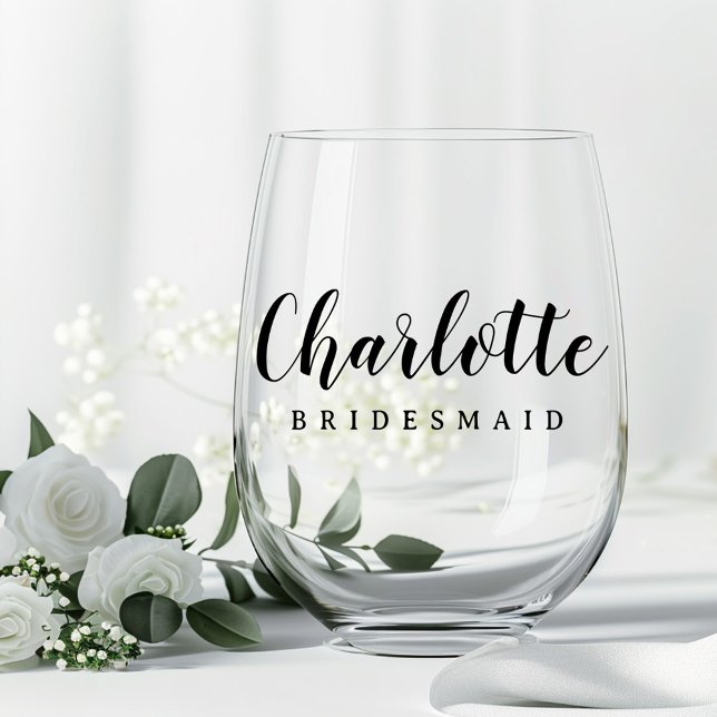 Bridesmaid name cute script stemless wine glass (Creator Uploaded)
