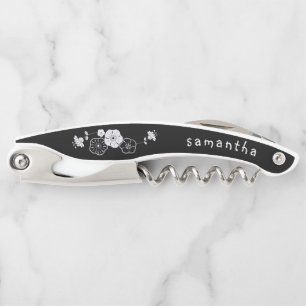 Bridesmaid Name Date Artsy Floral Black Corkscrew