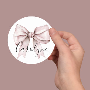 Bridesmaid name pink Bow She's Tying the Knot  Classic Round Sticker