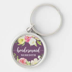 Bridesmaid Name Purple Watercolor Floral Keychain