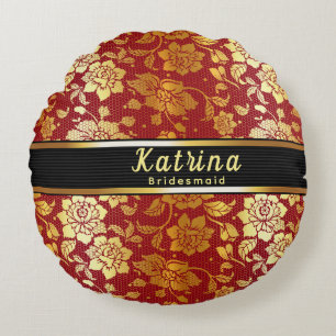 Bridesmaid Name Red Gold Glitter Wedding Round Cushion