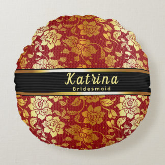 Bridesmaid Name Red Gold Glitter Wedding Round Cushion
