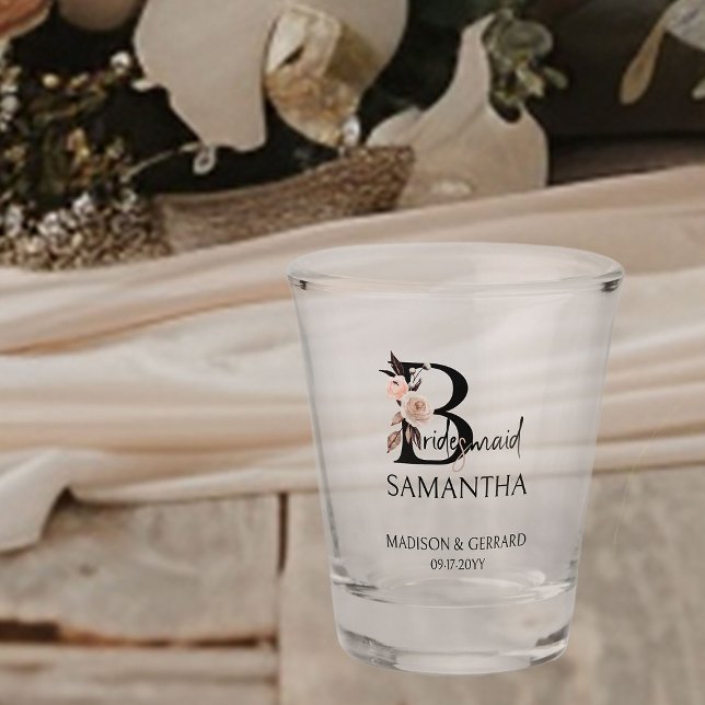 Bridesmaid Neutral Floral Letter Bridal Party Shot Glass (Bridal party gift to personalize for your bridesmaid)