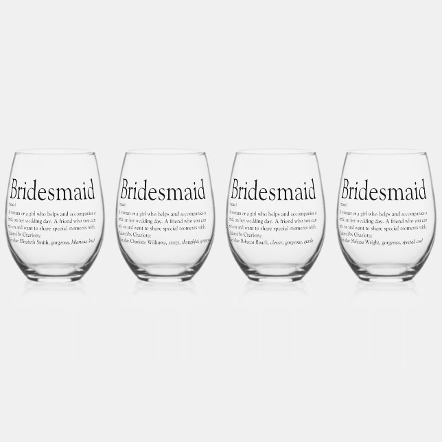 Bridesmaid Personalised Definition Favour Stemless Wine Glass (Front)