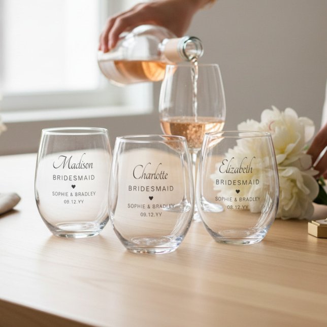 Bridesmaid Personalised Name Wedding Party Stemless Wine Glass (Creator Uploaded)