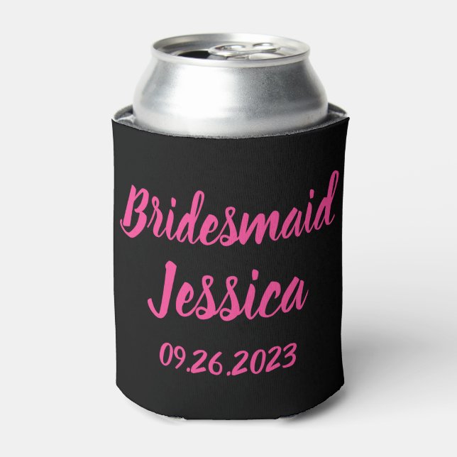 Bridesmaid Pink Black Elegant Script Gift Weddings Can Cooler (Can Front)