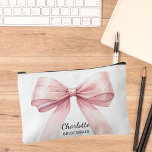 Bridesmaid pink bow elegant name accessory pouch<br><div class="desc">White background. Decorated with a large pink bow.
Personalise and add your bridesmaid's name.</div>