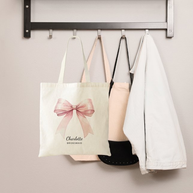 Bridesmaid pink bow elegant name tote bag (Creator Uploaded)