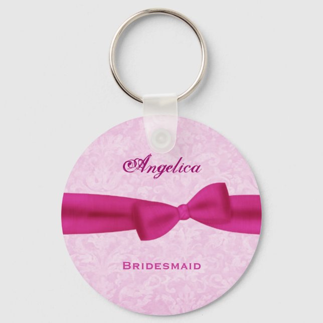 Bridesmaid Pink Bow Pink Damask E016 Key Ring (Front)