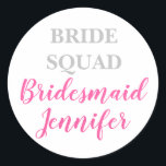 Bridesmaid Pink Custom Name Wedding Bachelorette Classic Round Sticker<br><div class="desc">Beautiful calligraphy,  pink Bridesmaid paper stickers. Perfect for Wedding stickers. Bride squad.</div>