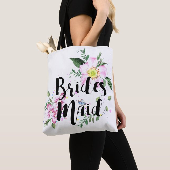 Bridesmaid Pink Floral Watercolor Bridal Shower Tote Bag (Close Up)