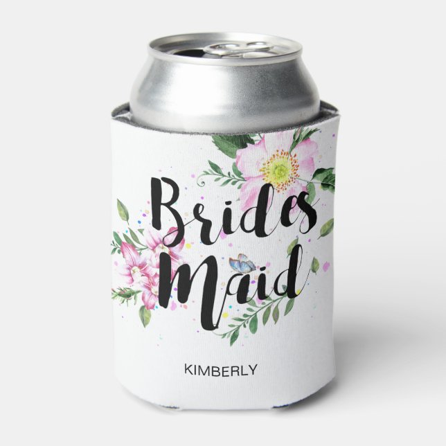 Bridesmaid Pink Floral Watercolor Wedding Can Cooler (Can Front)