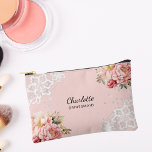 Bridesmaid pink florals lace accessory pouch<br><div class="desc">A blush pink background. Decorated with pink roses,  flowers and white lace.
Personalise and add your bridesmaid's name.</div>