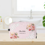 Bridesmaid pink florals lace dopp kit<br><div class="desc">A blush pink background. Decorated with pink roses,  flowers and white lace.
Personalise and add your bridesmaid's name.</div>