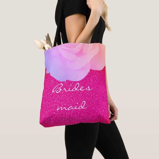Bridesmaid Pink Glittery Rose Gold Floral Wedding Tote Bag (Close Up)