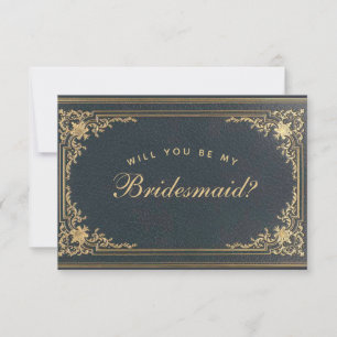 Bridesmaid Proposal Blue Gold Vintage Calligraphy