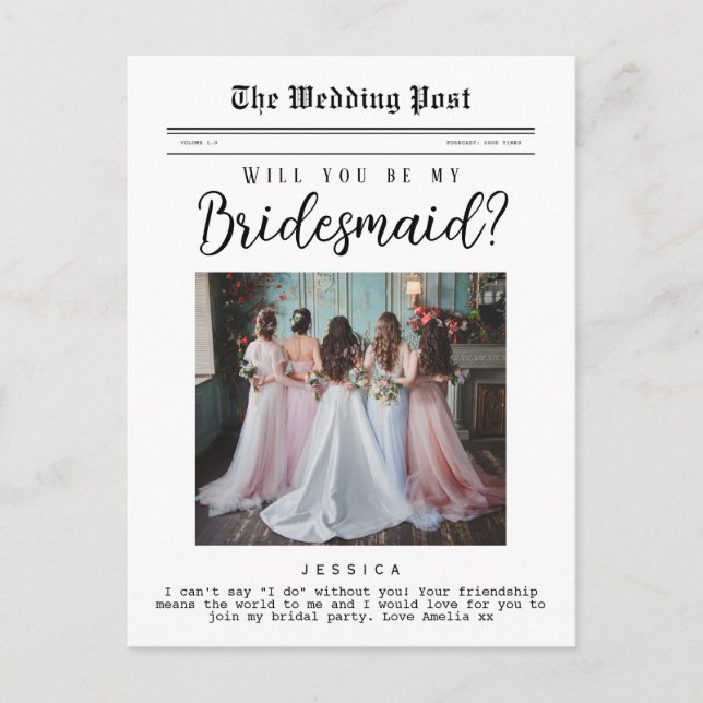 Bridesmaid Proposal, Custom Newspaper  Postcard (Front)