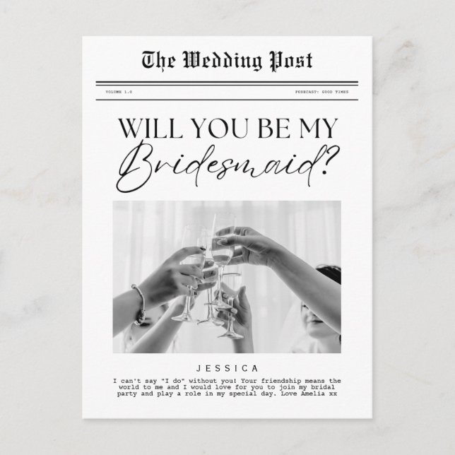 Bridesmaid Proposal, Customisable Newspaper  Postcard (Front)
