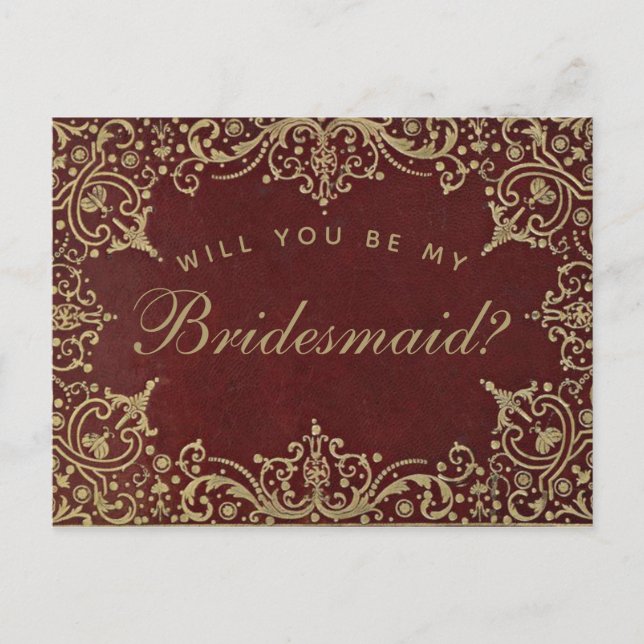 Bridesmaid Proposal Elegant Vintage Gold Burgundy Postcard (Front)