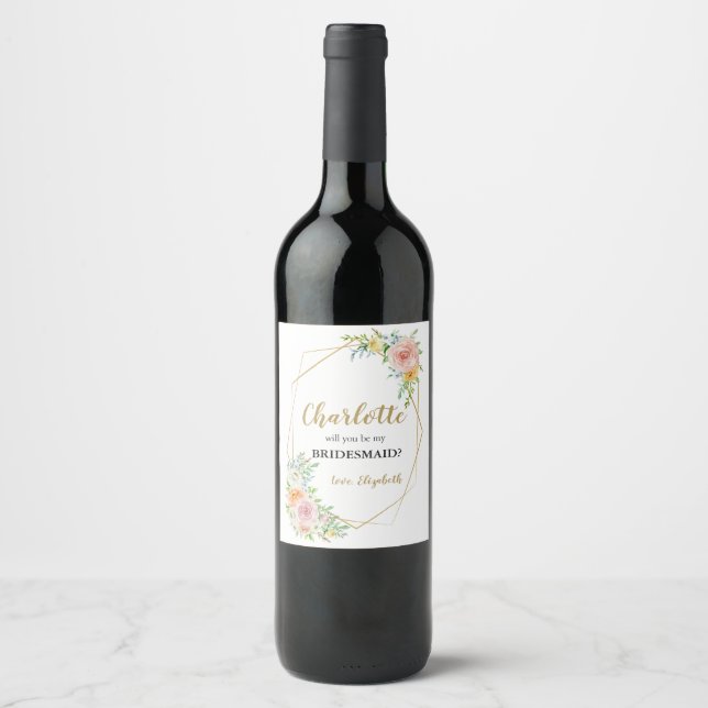 Bridesmaid proposal floral gold Wine label (Front)