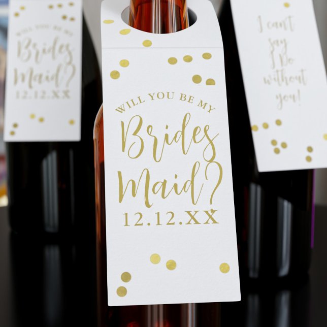 Bridesmaid Proposal Gold Confetti Bottle Tags (Ask your best friends to be bridesmaids with a bottle of wine and one of these hanger tags on them)