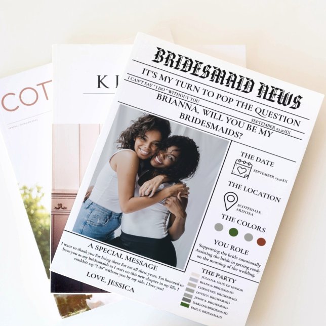 Bridesmaid proposal newspaper+Bridesmaid info card (Creator Uploaded)