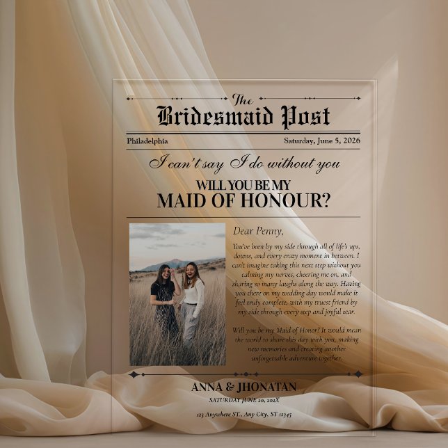 Bridesmaid Proposal Newspaper Photo Retro Acrylic Invitations (Bridesmaid Proposal Newspaper Photo Retro Acrylic Invitations)