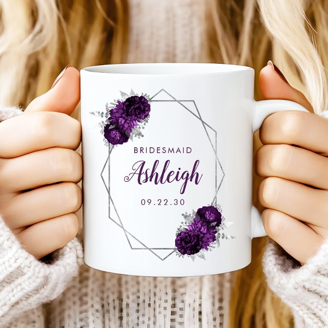 Bridesmaid Purple Floral Geometric Silver Frame Coffee Mug (Creator Uploaded)