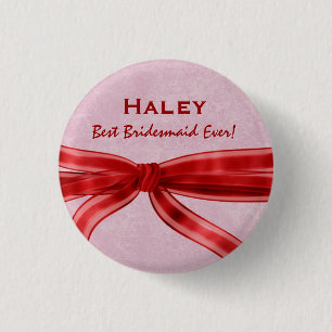 Bridesmaid Red Bow Custom Name V8 3 Cm Round Badge