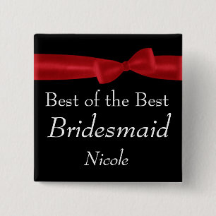 BRIDESMAID  Red Bow Wedding Custom Name 15 Cm Square Badge