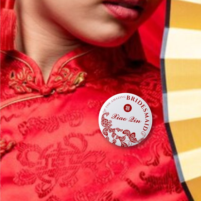 BRIDESMAID Red Floral Boho Peacock Chinese Wedding 6 Cm Round Badge (BRIDESMAID Red Floral Boho Peacock Double Happiness Chinese Wedding Pin Button @ fatfatin_red_knot)