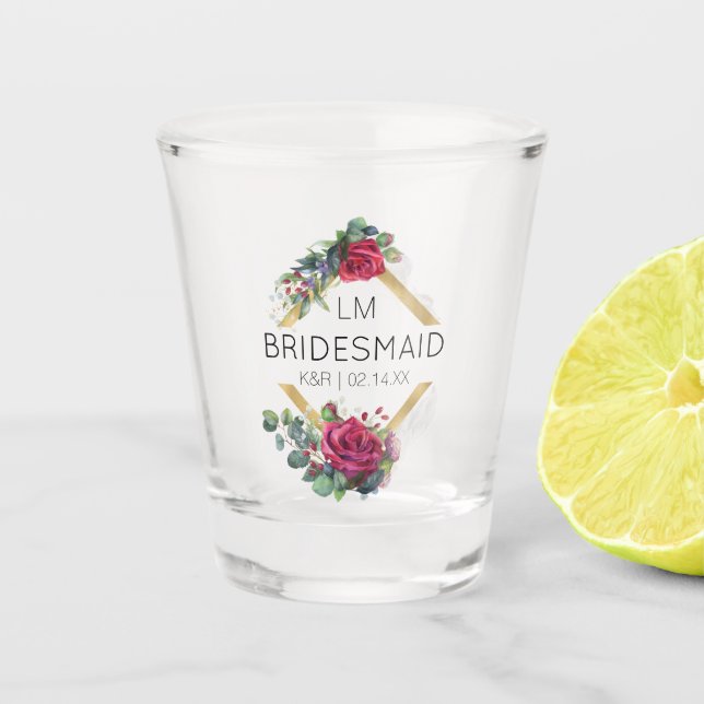 Bridesmaid Red Rose Wedding Date Monogrammed Shot  Glass (Front)
