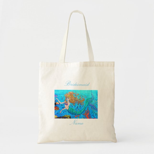 Bridesmaid redheaded blue-tail mermaid tote bag (Front)