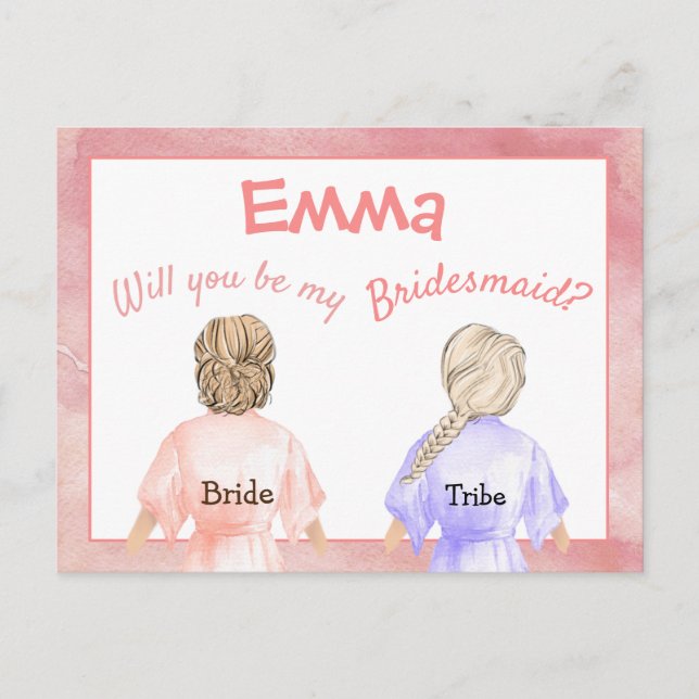 Bridesmaid Request/Girls in robes Back View/peach Invitation Postcard (Front)