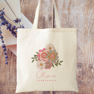 Bridesmaid Retro Floral Modern Minimalist Script Tote Bag