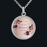 Bridesmaid rose gold floral burgundy wedding sterling silver necklace<br><div class="desc">A trendy bohemian boho style gift for the Bridesmaid. Decorated with watercolored roses in burgundy and pink. Trendy rose gold faux metallic looking background. A faux gold geometric frame. With the text: Bridesmaid written with a hand lettered style script. Template for the Bridesmaid name name and a date. Burgundy coloured...</div>