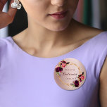 Bridesmaid rose gold florals burgundy 3 cm round badge<br><div class="desc">A trendy bohemian boho style for a bridal shower or wedding. Decorated with watercolored roses in burgundy and pink. Trendy rose gold faux metallic background. The rose gold color is uneven. A faux gold geometric frame. With the text: Bridesmaid written with a hand lettered style script. Template for the Bridesmaid...</div>