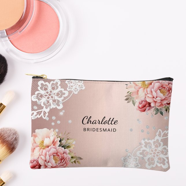 Bridesmaid rose gold florals lace accessory pouch (Creator Uploaded)