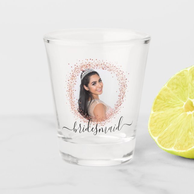 Bridesmaid rose gold photo glitter name script shot glass (Front)