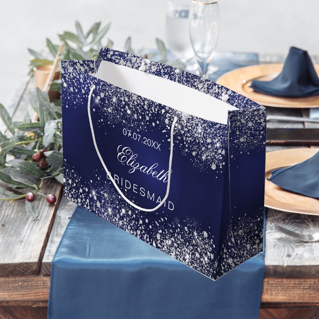Bridesmaid royal blue silver name wedding large gift bag (Creator Uploaded)