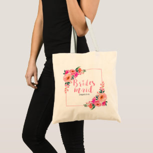Bridesmaid Rustic Pink Floral Frame Watercolor Tote Bag