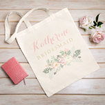 Bridesmaid Rustic Pink Gold Floral Boho Wedding Tote Bag<br><div class="desc">Custom wedding bridesmaid tote bag features an elegant boho style floral design with peony flowers, botanical leaves, and rustic bird feather accents. Personalise the custom text with the name and role of the person in your bridal party. Soft colour scheme includes pretty spring shades of pink, peach, cream, green, grey,...</div>