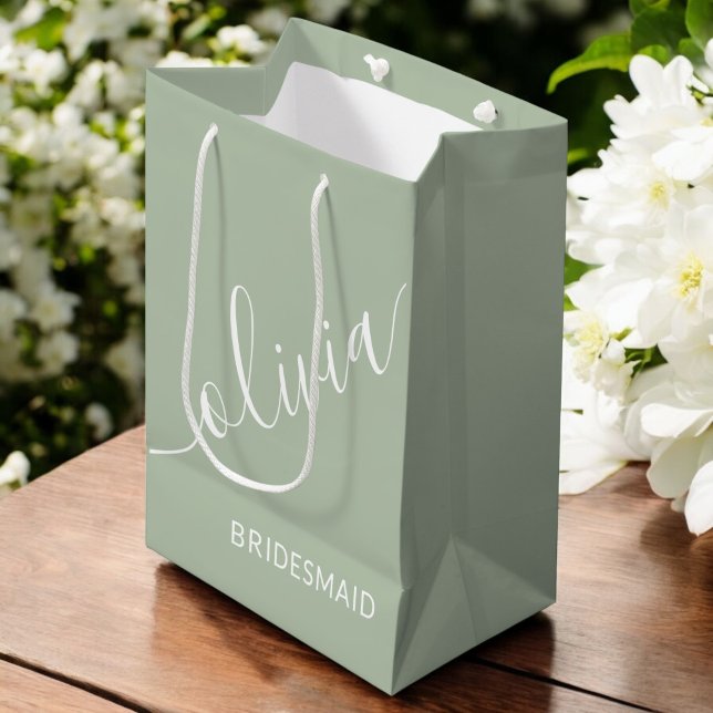 Bridesmaid Sage Green Minimalist Monogram Medium Gift Bag (Creator Uploaded)